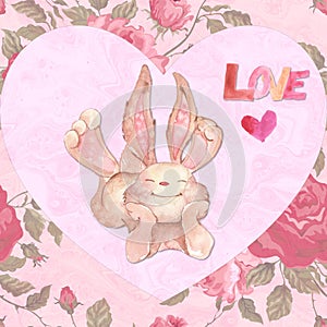 Watercolor Love Bunny Valentine or Easter Illustration