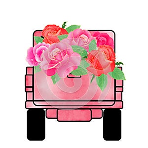 Watercolor love truck full of many roses on back for Valentine day