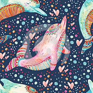 Watercolor lovely dolphins seamless pattern on background with bubbles.