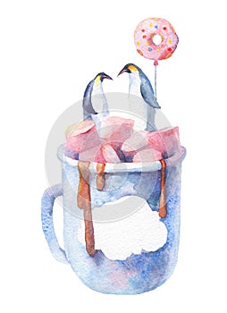 Watercolor lovely illustration with two pinguins on a cup of coffee with marshmallow photo