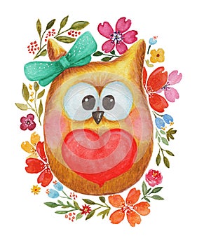 Watercolor lovely owl with heart and flowers