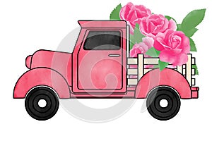 Watercolor lovely truck full of pink rose for Valentine