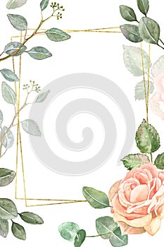 Watercolor floral frame template with geometric gold border and lush pink roses and green eucalyptus leaves on white background.