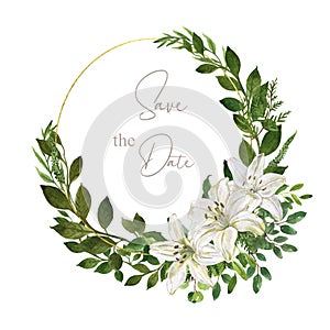 Watercolor lush greenery and white lily floral frame for design. Green leaf, flowers, herbs, plants and golden border template