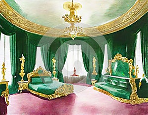 Watercolor of Luxurious baroque bedroom with opulent malachite color and modern