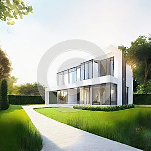 Watercolor of luxurious modern house with elegant garden lighting