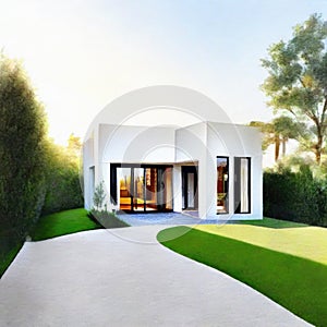 Watercolor of luxurious modern house with elegant garden lighting