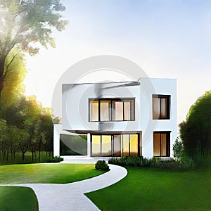 Watercolor of luxurious modern house with elegant garden lighting