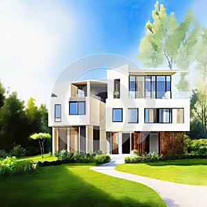 Watercolor of luxurious modern house with elegant garden lighting