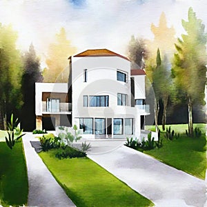 Watercolor of luxurious modern house with elegant garden lighting