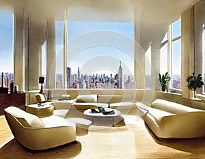 Watercolor of Luxurious penthouse living room in
