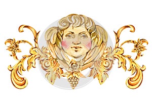 Watercolor luxury golden baroque angel, floral curl, rococo ornament element. Hand drawn gold face cupid, scroll, grape, roses,
