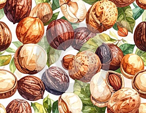Watercolor Macadamia Nuts and Leaves Seamless Pattern