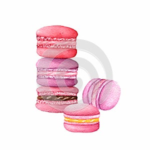 Watercolor macarons in purple, red and pink colors