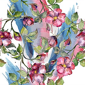 Watercolor magenta bouquet of wild roses flowers. Floral botanical flower. Seamless background pattern.