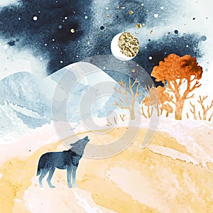 Watercolor magic autumn vector landscape in blue and orange colors. Illustration of mountains, trees â€‹and wolf under night sky.