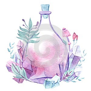 Watercolor magic bottle with crystals and floral elements. Glass perfume flask, elixir or poison.