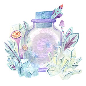 Watercolor magic bottle with crystals and floral elements. Glass perfume flask, elixir or poison.