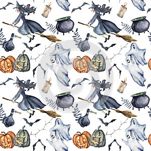 Watercolor magic Halloween pattern. Hand painted Halloween symbols on white background. Pumpkins, witch hat, candy