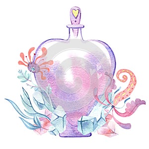 Watercolor magic heart-shaped bottle with crystals and floral elements. Glass perfume flask, elixir or poison