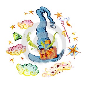 Watercolor magic illustration with hand drawn artistic elements isolated on white background - hat, magic wand, stars, smoke.