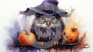 Watercolor magic illustration, owl, pumpkin. Halloween witchcraft composition. generative ai