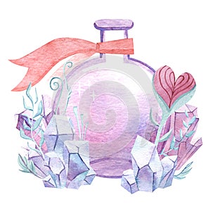 Watercolor magic round bottle with crystals and heart-shaped floral element. Glass perfume flask, elixir or poison