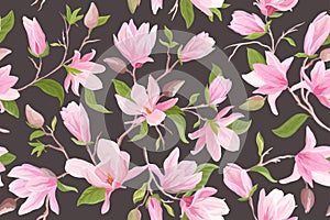 Watercolor Magnolia floral seamless vector pattern. Magnolia flowers, leaves, petals, blossom background