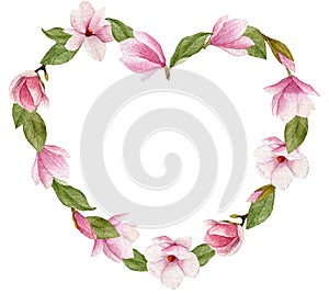 Watercolor magnolia flowers heart shaped illustration isolated on white background.
