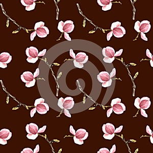 Watercolor Magnolia flowers Seamless Pattern Hand painted illustration isolated on dark background