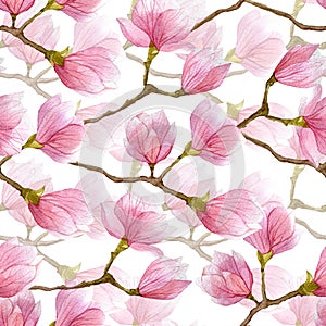 Watercolor magnolia flowers seamless pattern. Season hand drawn illustration for textile,invitations, greeting cards, posters and