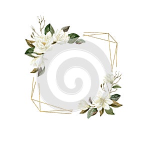 Watercolor Magnolia frame with gold crystal shape. photo