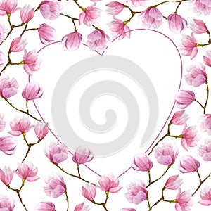 Watercolor magnolia frame in heart shape for Valentines day.greeting card design.
