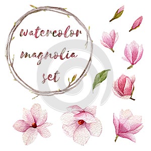 Watercolor magnolia set. Spring hand drawn elements for your design. Flowers,buds,wreath and leaf of blossoms magnolia tree.