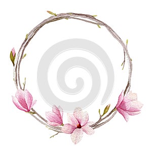 Watercolor magnolia wreath with branches,buds and flowers isolated on white background. Hand drawn spring illustration.