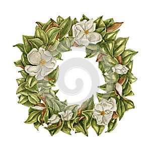 Watercolor magnolia wreath clipart Illustration