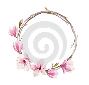 Watercolor magnolia wreath isolated on white background. Woman d