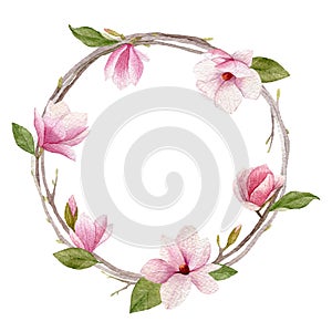 Watercolor magnolia wreath on white background. Woman day greeting card design.