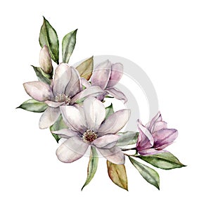 Watercolor magnolias branch. Hand painted floral card with white and pink flowers, leaves, bouquet and buds isolated on photo