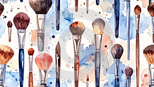 Watercolor Makeup Brushes Seamless Pattern