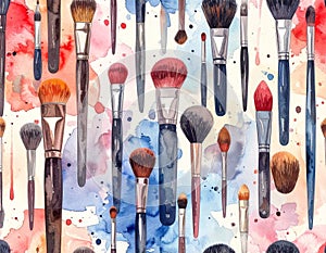 Watercolor Makeup Brushes Seamless Pattern Illustration