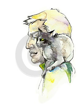 Watercolor man with small sitting cat