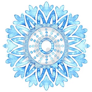 Watercolor mandala pattern. Blue and white ornament drawn on paper. Grunge texture. Circular print for beach rugs