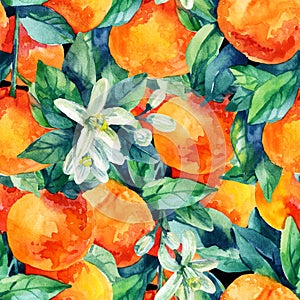 Watercolor mandarine orange fruit branch with leaves seamless pattern