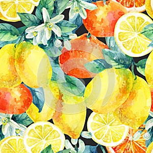 Watercolor mandarine orange and lemon fruit branch with leaves seamless pattern