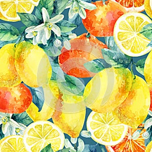 Watercolor mandarine orange and lemon fruit branch with leaves seamless pattern