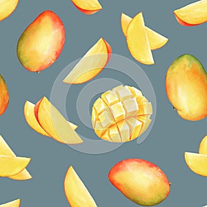 Watercolor mango fruits with slices