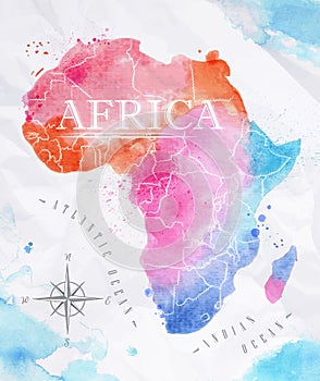 Watercolor map Africa pink blue
