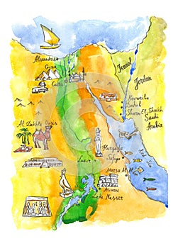 Watercolor map of attractions Egypt