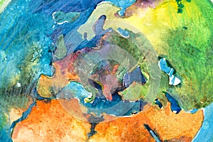 Watercolor map of Europe and Africa. Aquarelle illustration